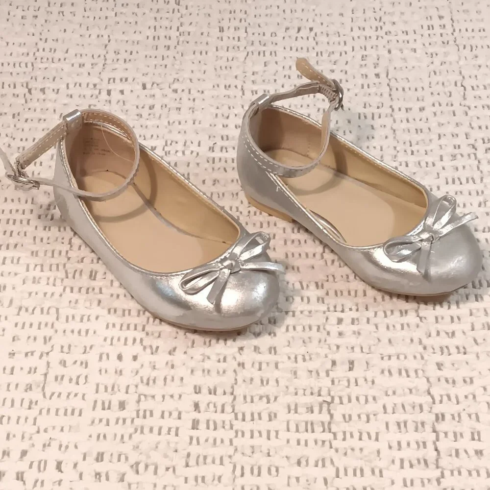 Janie & Jack little girls Metallic Ankle Strap Bow Ballet dress Flats sz 7 -READ